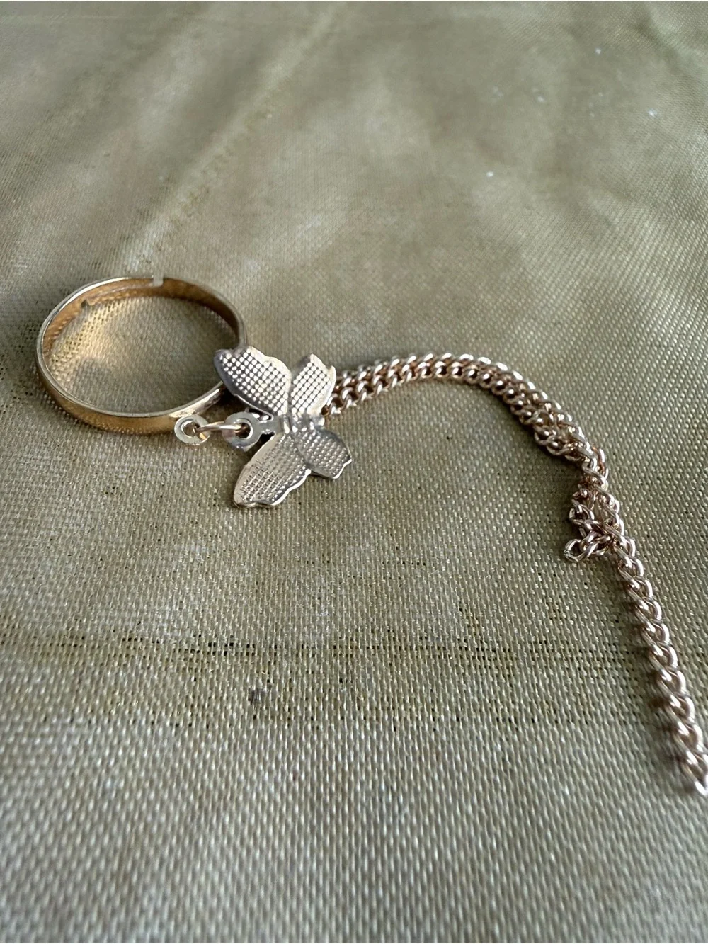 Gold Butterfly Charm Ring with Chain
